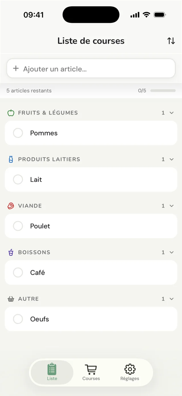 La liste de courses JibJib, avec les articles regroupés par rayon