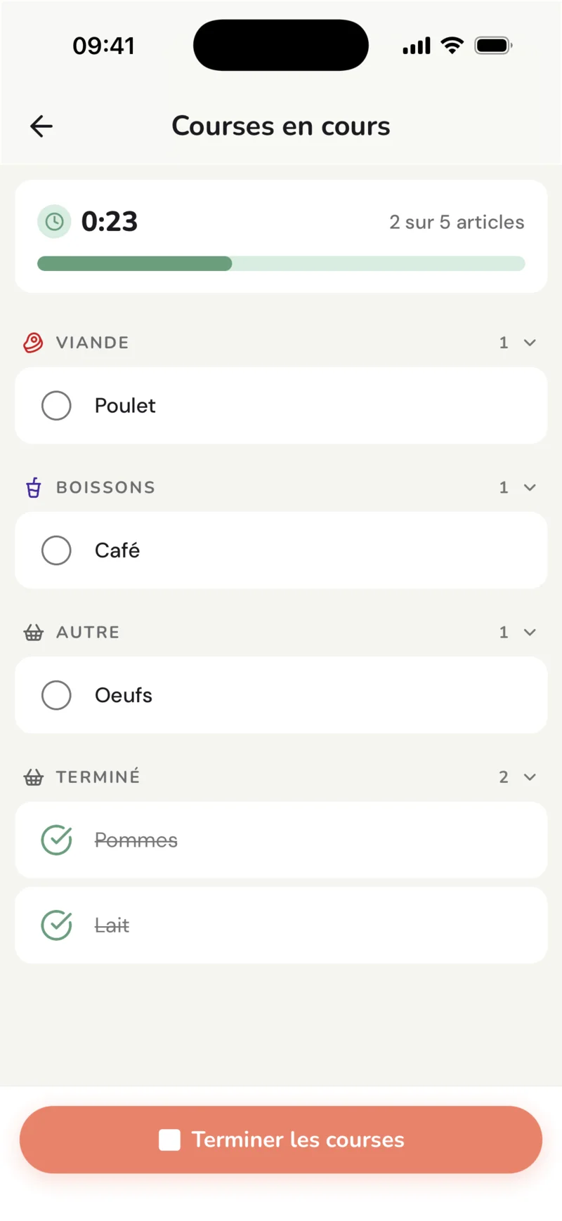 Une session de courses en cours, avec le temps écoulé et deux articles déjà cochés