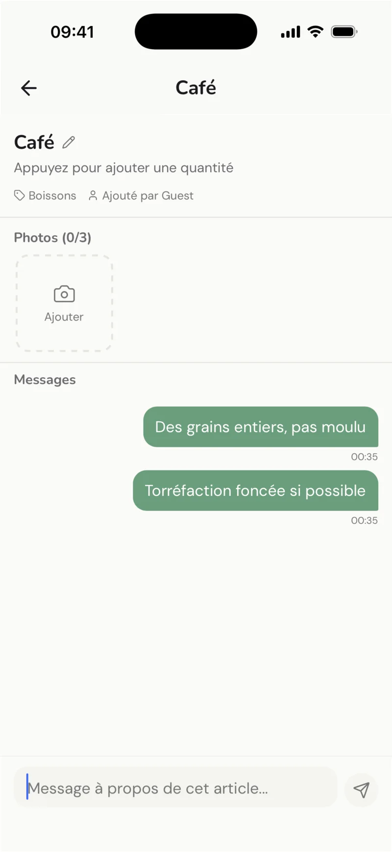 Un article avec des photos et un court fil de messages sur le café à acheter