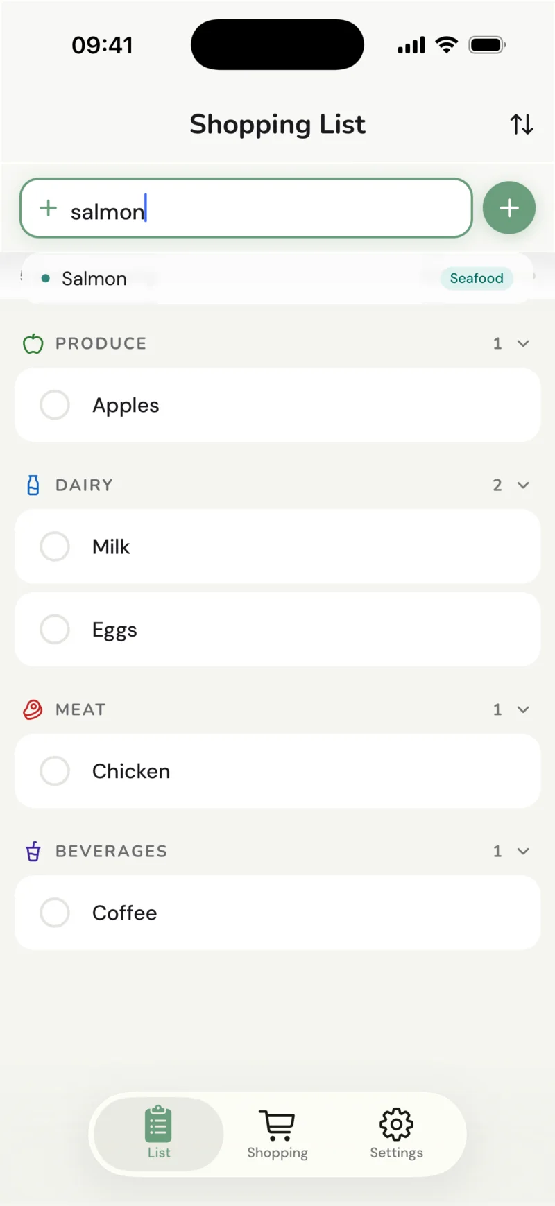Typing salmon into the add field, with Seafood suggested automatically