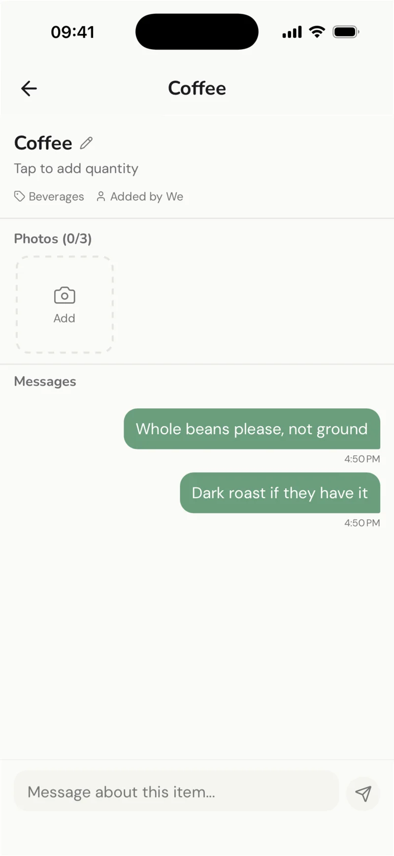 An item with photos and a short message thread about which coffee to buy