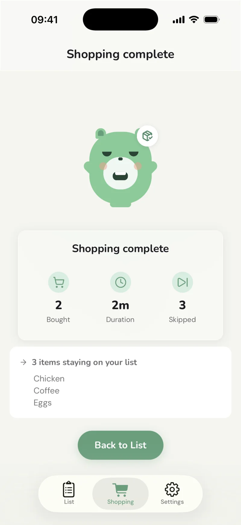 The shopping recap: two bought, two minutes, and three items staying on the list
